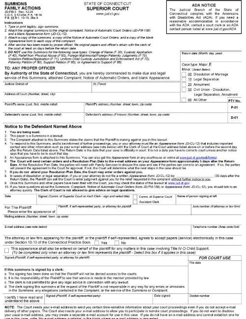Connecticut Summons Family Actions