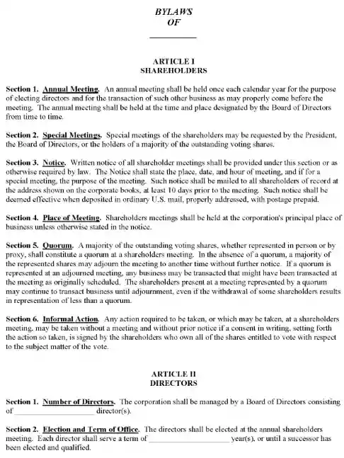 Corporate Bylaws Form