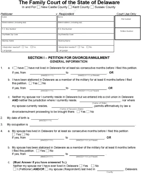 Delaware Divorce Forms