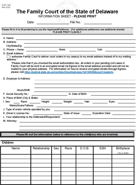 Delaware Divorce Instruction Sheet