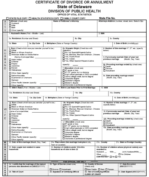 Delaware Divorce Vital Statistics Sheet