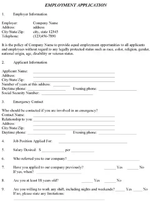 Employment Application Form PDF