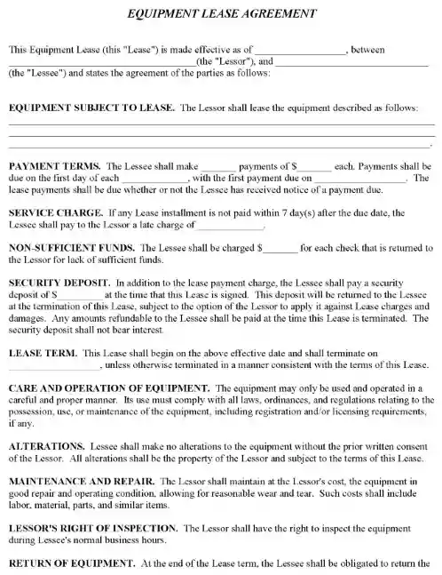 Equipment Lease Agreement Form Word