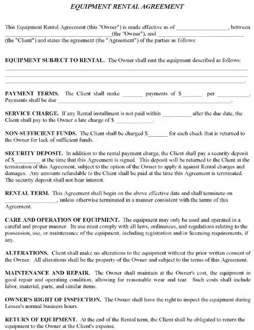 Equipment Rental Agreement Form Word