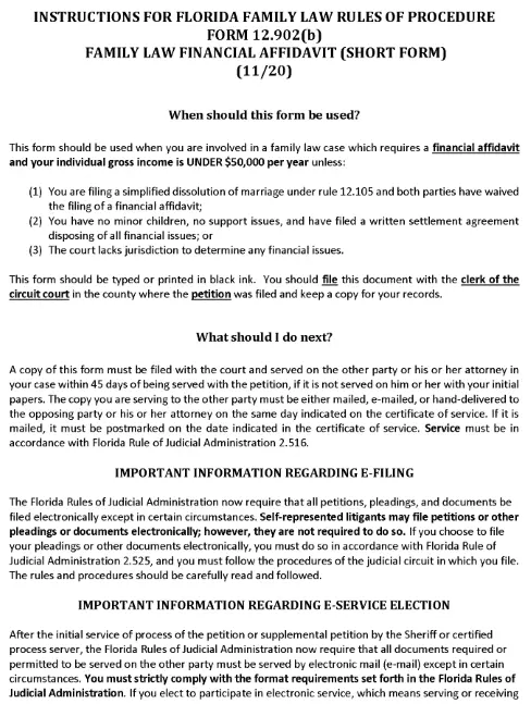 Florida Family Law Financial Affidavit Short Form