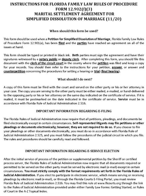 Florida Marital Settlement Agreement for Simplified Dissolution of Marriage