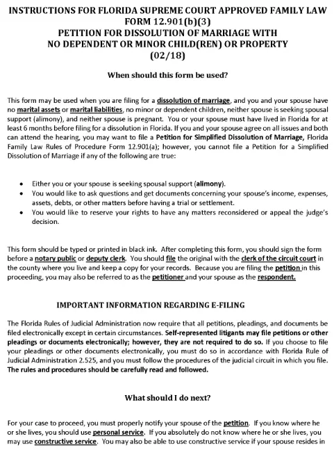 Florida Petition for Dissolution of Marriage with No Dependent or Minor Children or Property