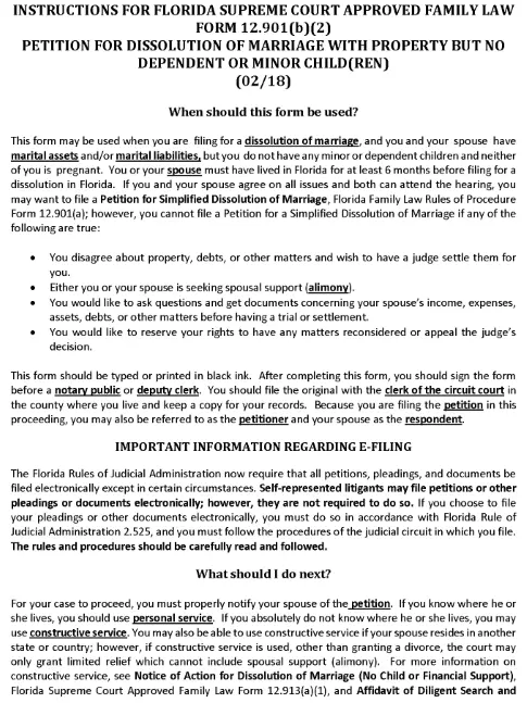 Florida Petition for Dissolution of Marriage with Property but No Dependent or Minor Children