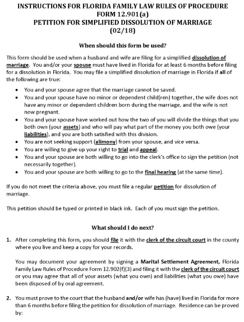 Florida Petition for Simplified Dissolution of Marriage
