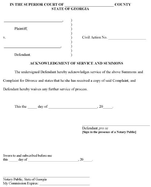 Georgia Acknowledgement of Service and Summons