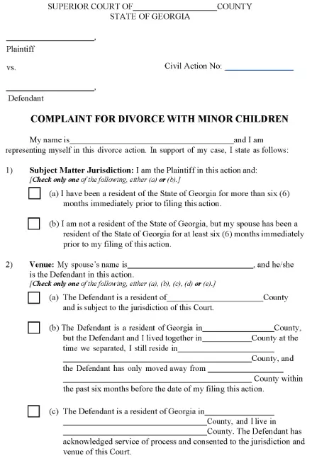 Georgia Complaint For Divorce With Minor Children