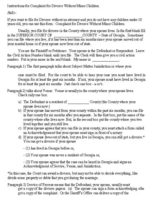 Georgia Complaint For Divorce Without Minor Children Instructions