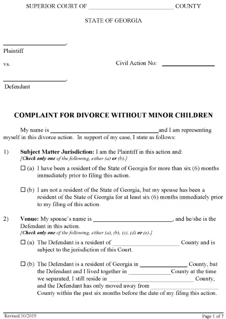 Georgia Complaint For Divorce Without Minor Children