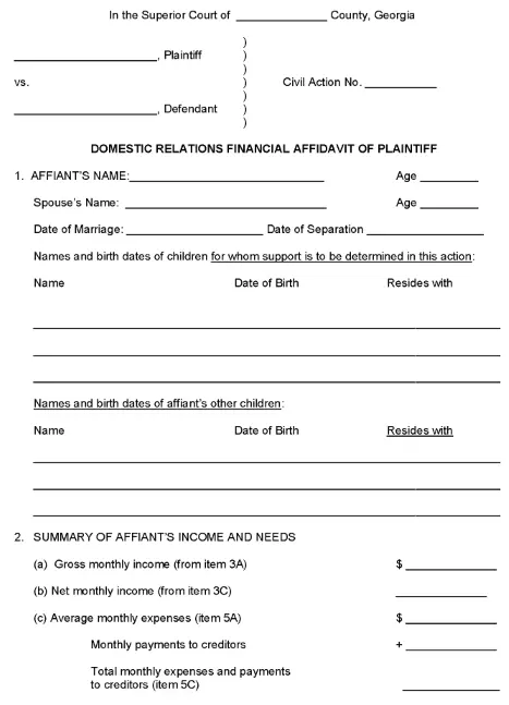 Georgia Domestic Relations Financial Affidavit