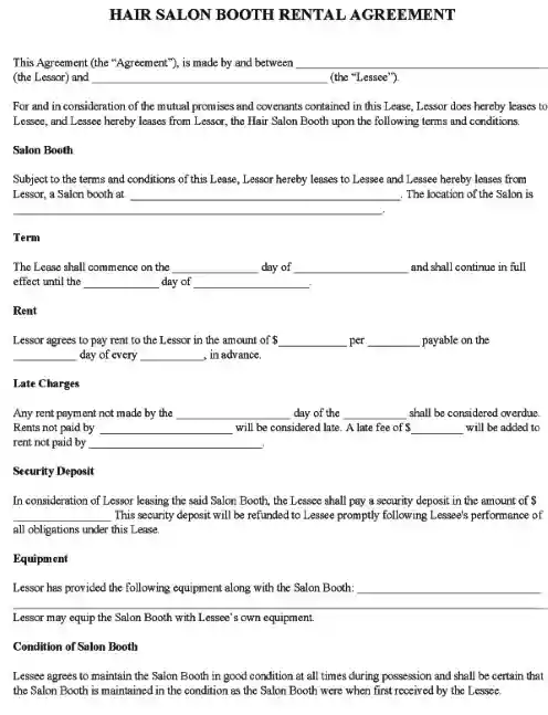 Hair Salon Booth Rental Agreement PDF