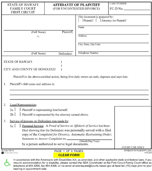 Hawaii Affidavit of Plaintiff For Uncontested Divorce First Circuit
