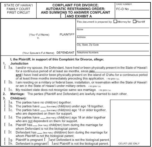 Hawaii Complaint For Uncontested Divorce First Circuit