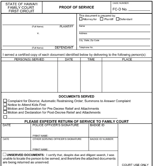 Hawaii Divorce Proof of Service First Circuit