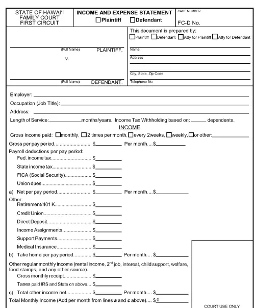 Hawaii Income and Expense Statement First Circuit