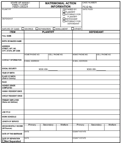 Hawaii Matrimonial Action Information Form First Circuit