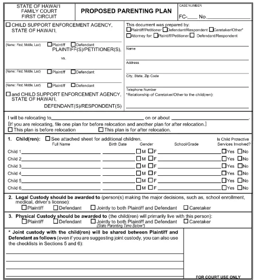 Hawaii Proposed Parenting Plan First Circuit