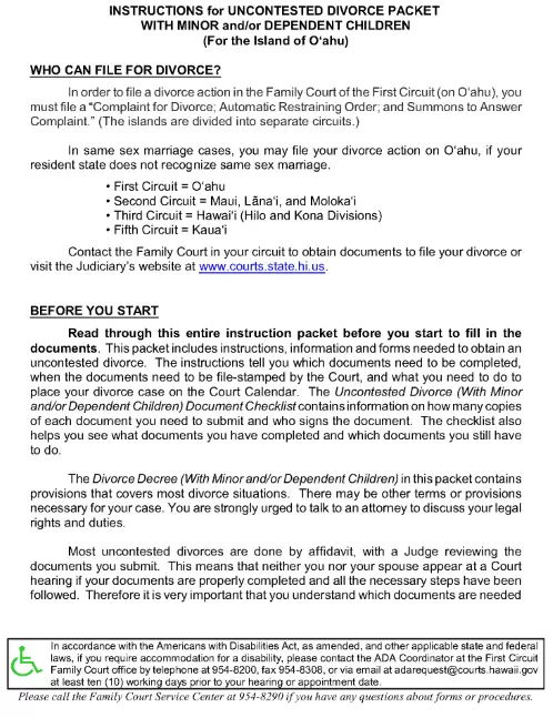 Hawaii Uncontested Divorce With Children Instructions First Circuit