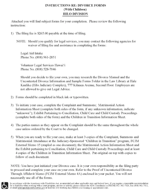 Hawaii Uncontested Divorce With Children Packet Hilo Division