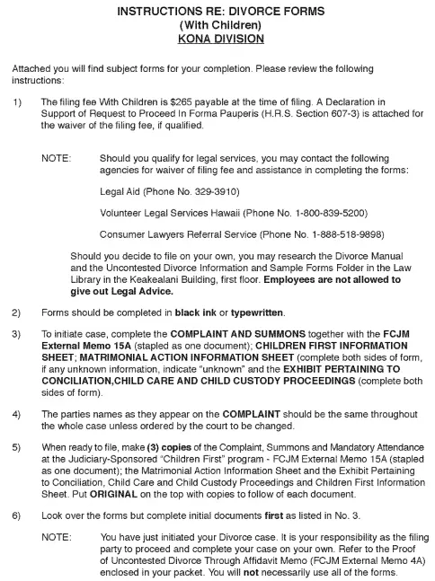 Hawaii Uncontested Divorce With Children Packet Kona Division