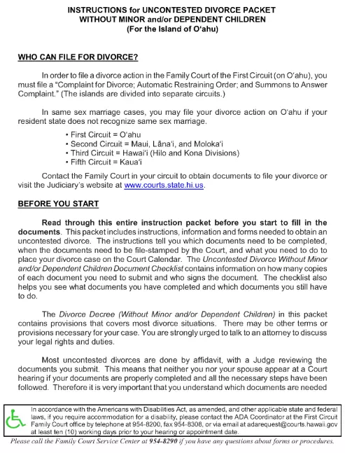 Hawaii Uncontested Divorce Without Children Instructions First Circuit