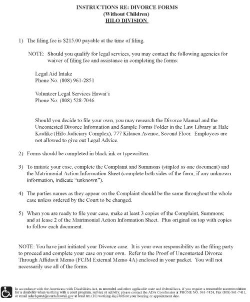 Hawaii Uncontested Divorce Without Children Packet Hilo Division