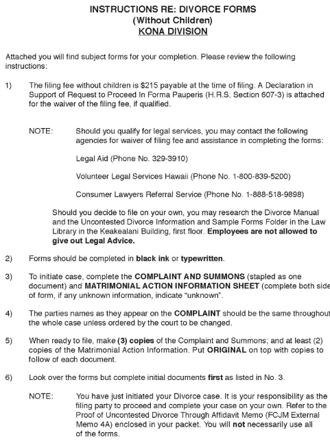 Hawaii Uncontested Divorce Without Children Packet Kona Division