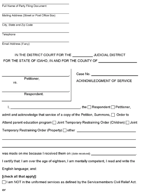 Idaho Acknowledgment of Service By Defendant