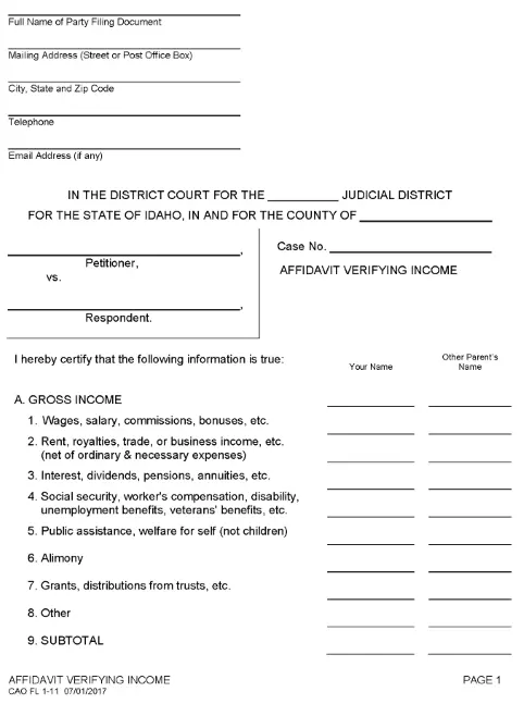 Idaho Affidavit Verifying Income