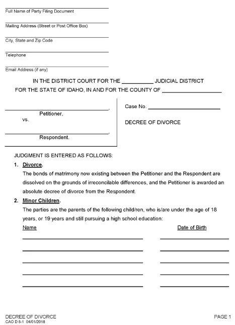 Idaho Decree of Divorce With Children