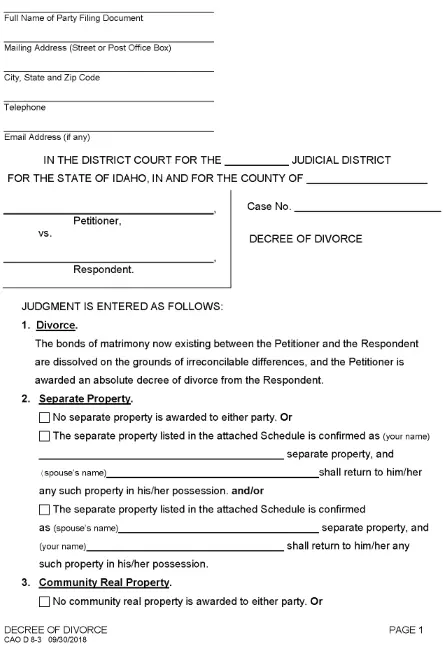 Idaho Decree of Divorce With No Children