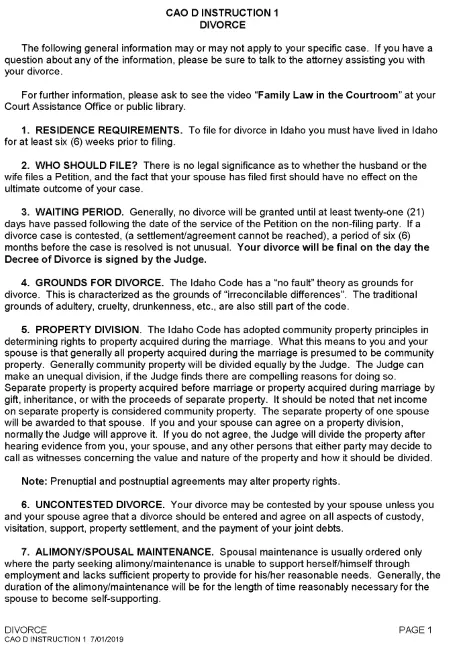 Idaho Divorce Instructions