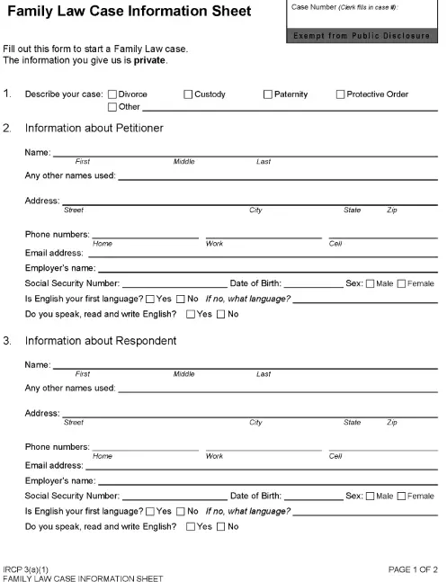 Idaho Family Law Case Information Sheet