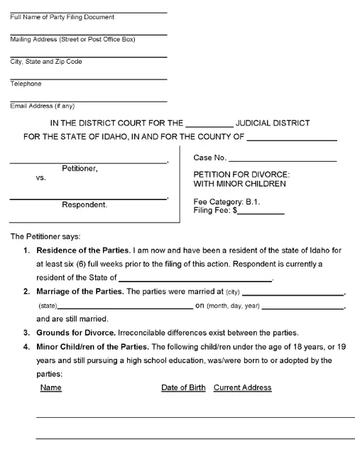 Idaho Petition For Divorce With Minor Children