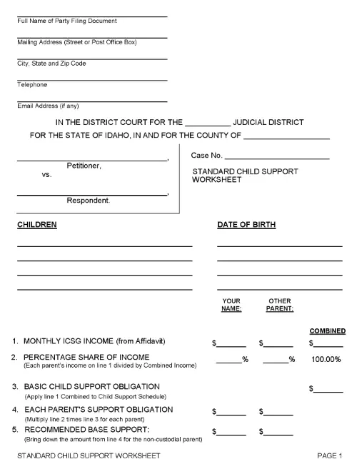 Idaho Standard Custody Worksheet