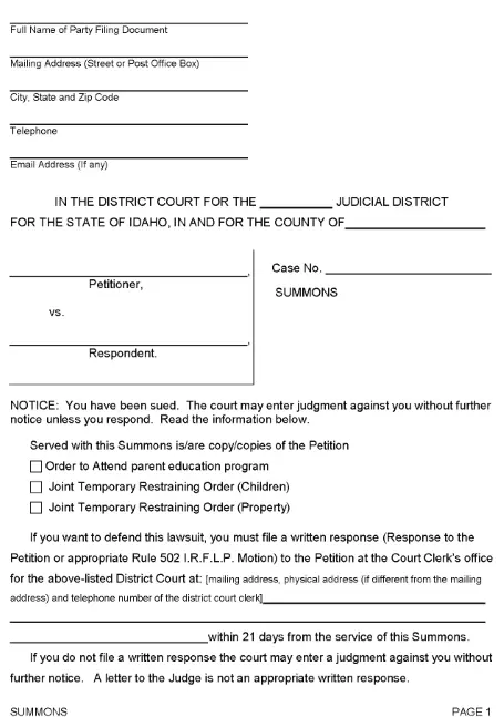 Idaho Summons With Orders