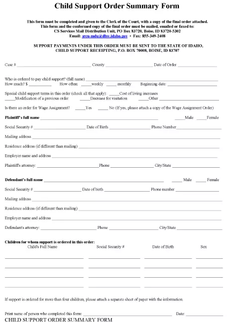 Idaho Support Order Transmittal Form