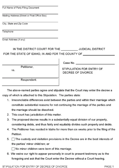 Idaho Sworn Stipulation For Entry of Divorce With Children