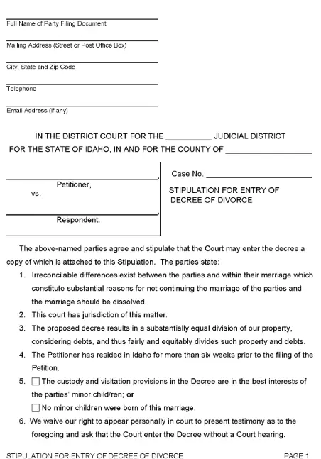 Idaho Sworn Stipulation For Entry of Divorce With No Children