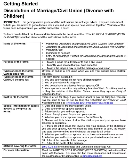 Free Illinois Divorce With Children - Getting Started PDF - Printable Form