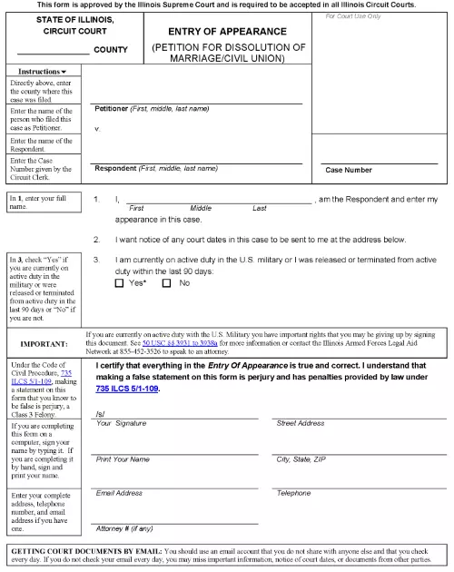 Illinois Entry of Appearance Dissolution of Marriage No Children PDF
