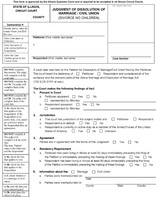 Illinois Judgment of Dissolution of Marriage No Children PDF