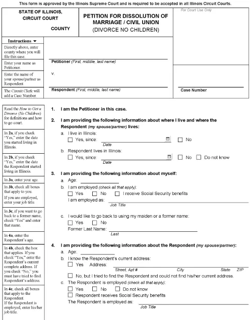Illinois Petition For Dissolution of Marriage No Children PDF