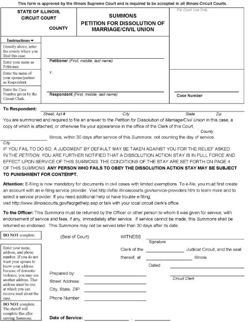 Illinois Summons Petition For Dissolution of Marriage PDF