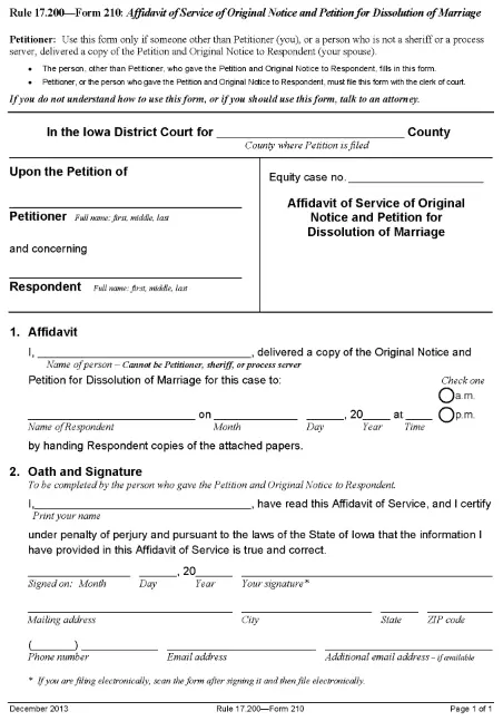 Iowa Affidavit of Service of Original Notice and Petition For Dissolution of Marriage PDF