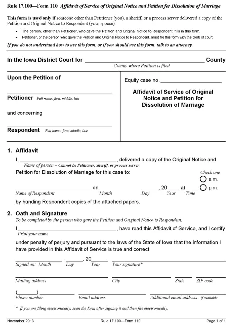 Iowa Affidavit of Service of Original Notice and Petition For Dissolution of Marriage With No Minor or Dependent Adult Children PDF
